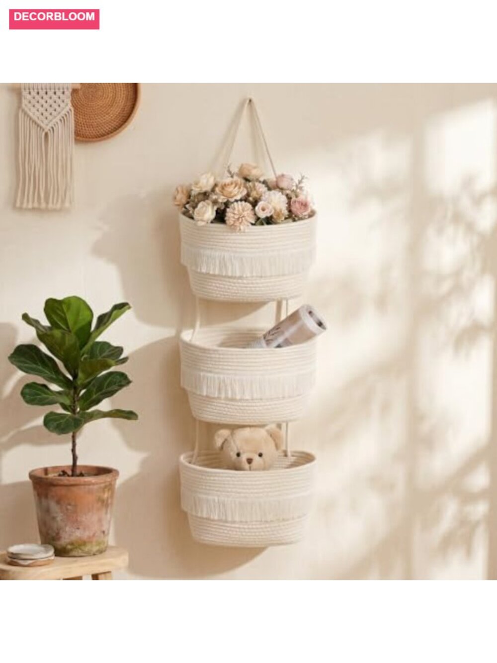Boho 3-Tier Tassel Hanging Basket Organizer Cotton Rope Wall Storage Neutral